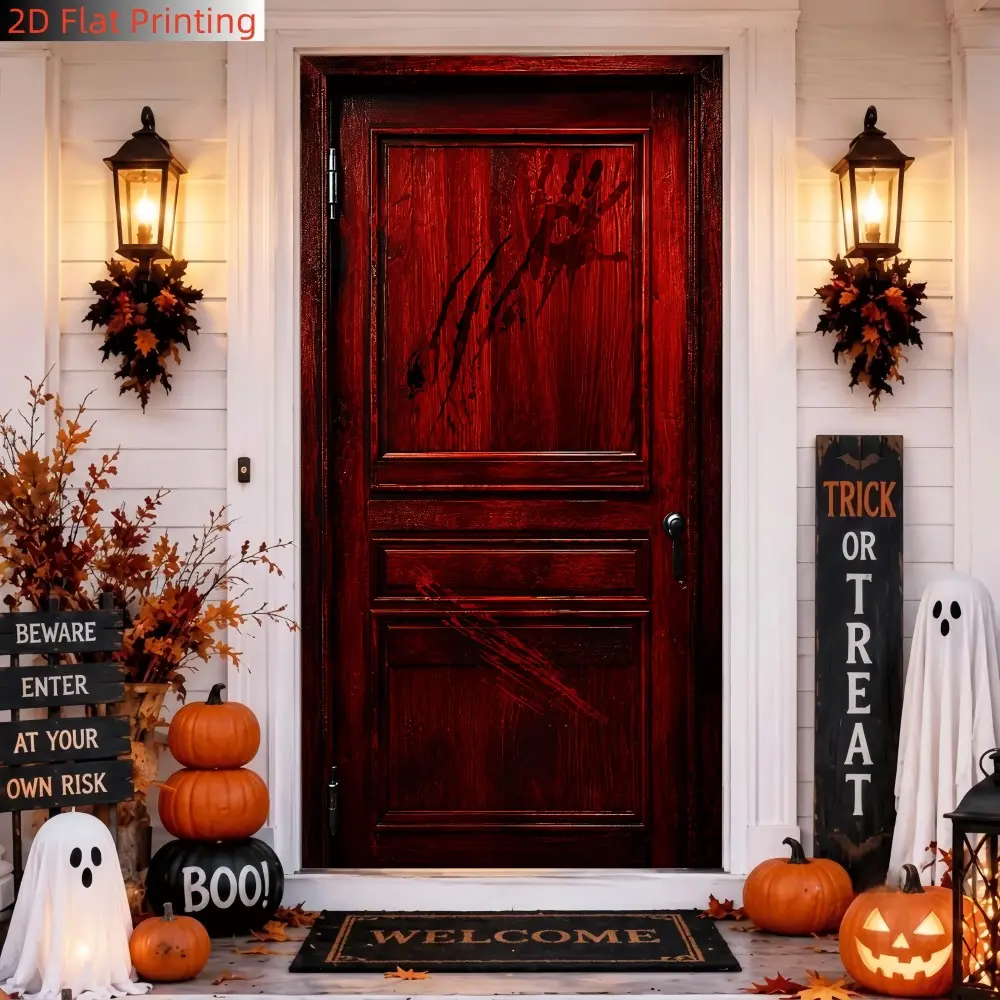 1PC 2D flat dark red door with bloody scratches, spooky Halloween door panel, polyester fiber, suitable for haunted house door decoration, horror theme party entrance decoration, horror style decoration, indoor and outdoor scenery