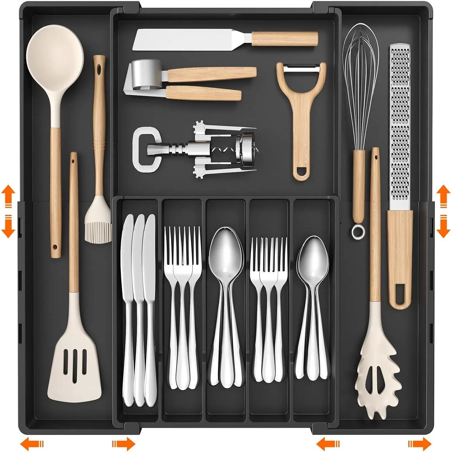 Silverware Drawer Organizer, Expandable Utensil Tray for Kitchen, BPA Free Flatware and Cutlery Holder, Adjustable Plastic Storage for Spoons Forks Knives, 5-8 Slots, Black