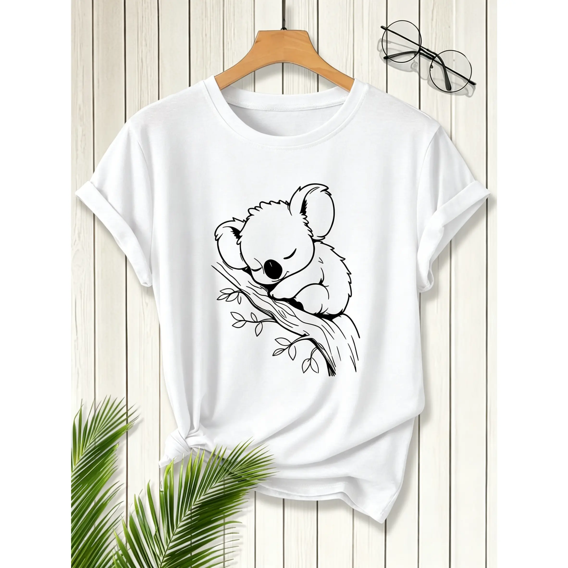Cute Sleeping Koala On Tree Line Art Print Cotton T-Shirt, Women's Casual Daily Streetwear Tee,funny graphic tee,summer graphic tees,tee