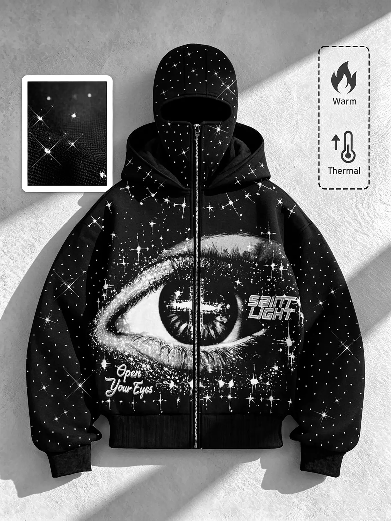 High Street Casual Full Rhinestone Star Eye Print Balaclava Hoodie, Unisex Long Sleeve Loose-Fit Sweatshirt, Fall & Winter Warm Thermal Outerwear