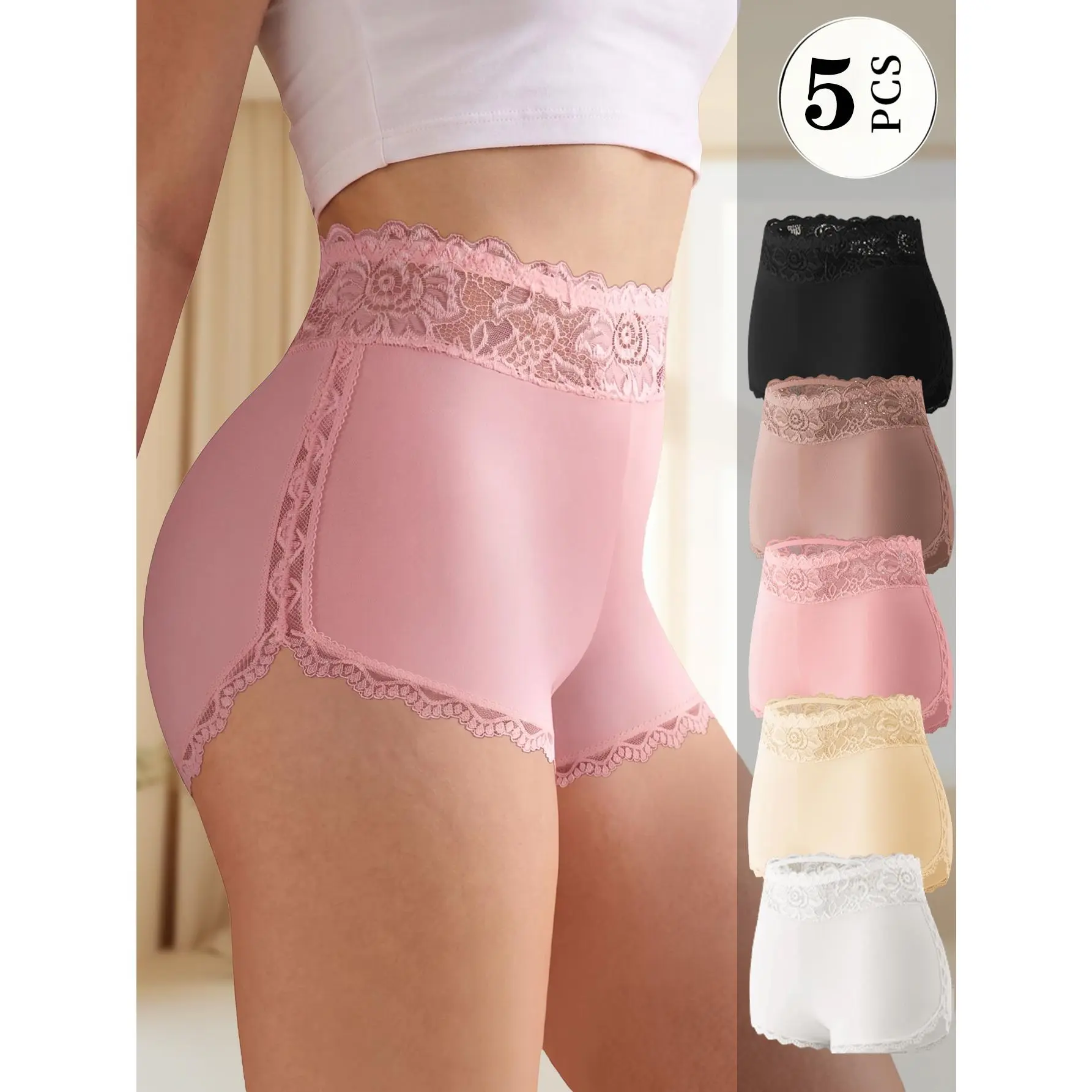 QUASTI 5 Pack Lace Trim Milk Silk Boyshort Safety Shorts, Soft Cool Anti-Exposure Slip Shorts Ideal For Summer Dresses, S-XXL