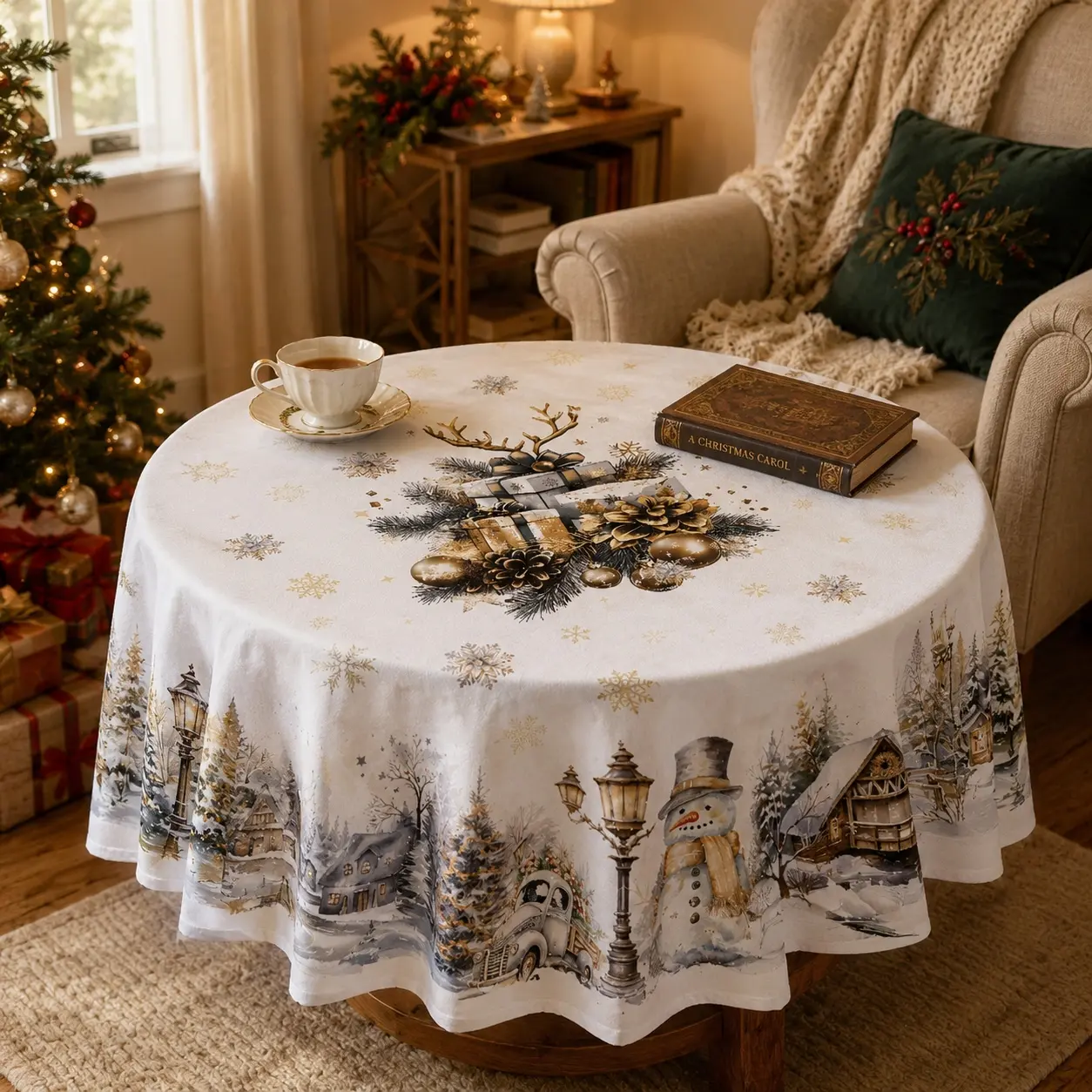Glam Polyester Christmas Tablecloth - Patterned Vintage Snowman, Bell, Truck, Tree Prints - Round/Rectangle Festive Table Cover for Kitchen Dining, Party, New Years Eve, Anniversary Decor