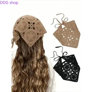 2Pcs Boho Knitted Triangle Headscarves, vintage floral farmhouse style with fringe. Versatile hair accessories for women, trendy decor for holidays and daily outfits