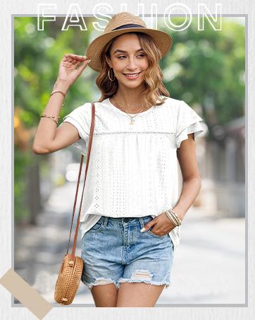 Women's Summer Tops Crewneck Eyelet Ruffle Short Sleeve Blouses Casual Babydoll Shirts 2025 S-2XL Lightweight Soft Knitted Fabric Trendy Babydoll Style