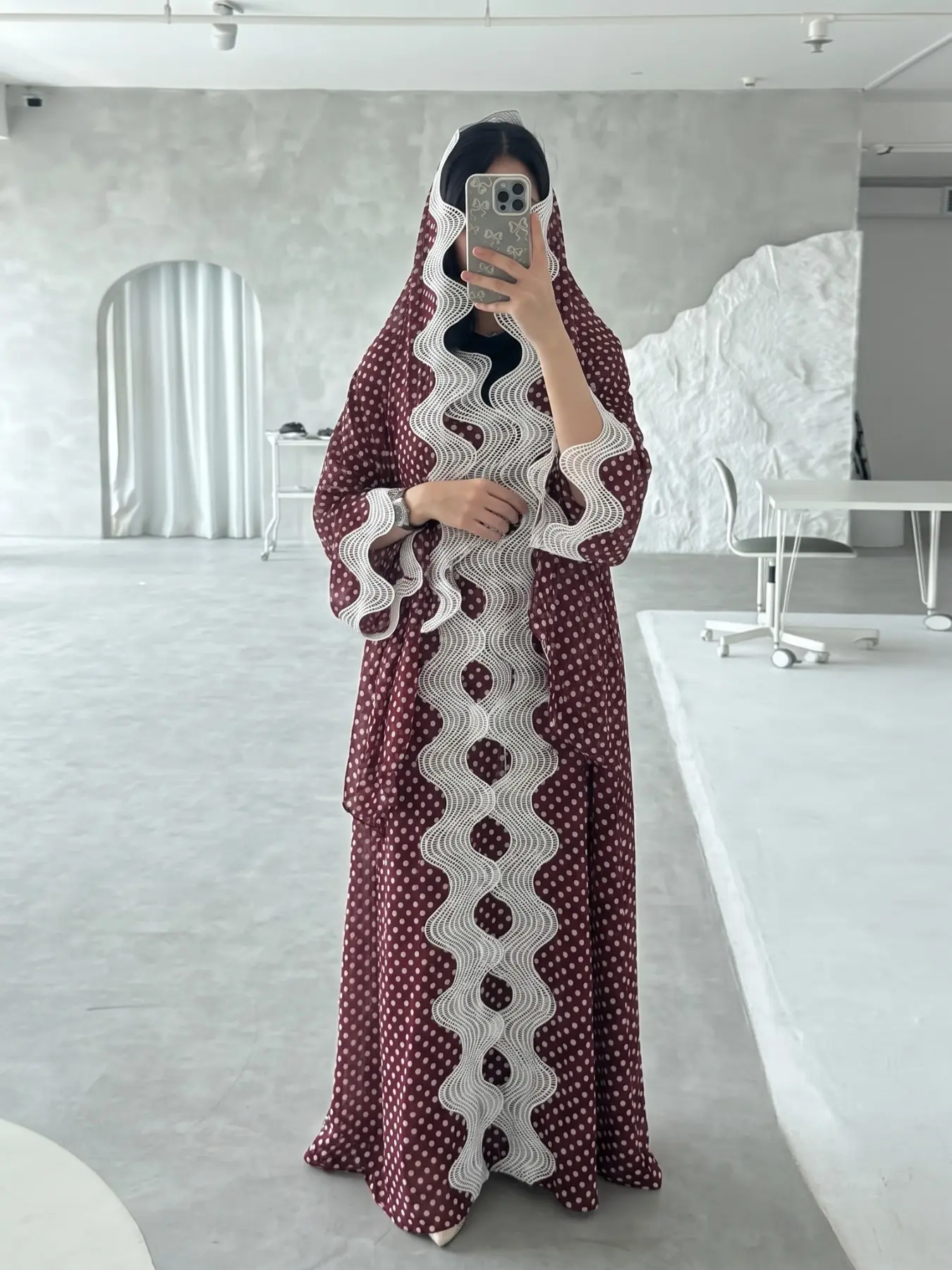 New Muslim Women's Vintage Wine Polka Dot Two-Piece Abaya Set, Lightweight Chiffon Cardigan Long Robe with Headscarf, Casual Elegant Style