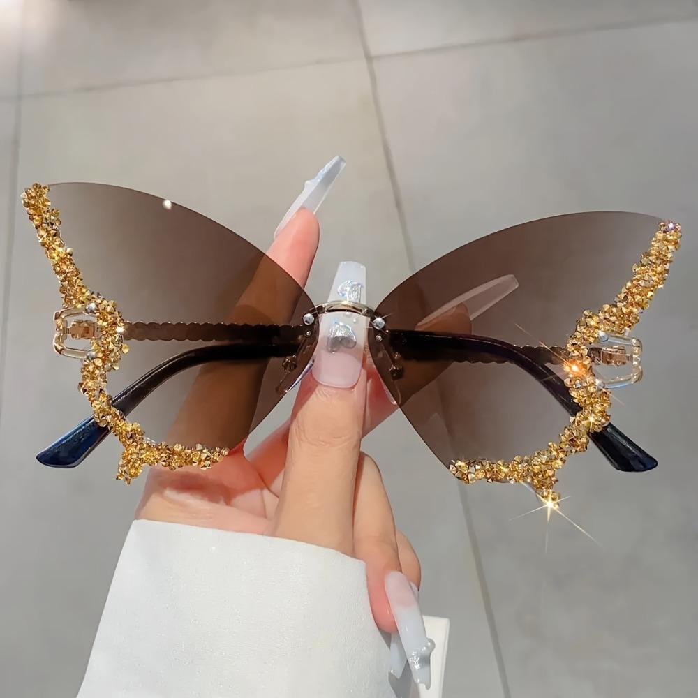 1 Count Rhinestone Decorated Butterfly Design Sunglasses, Durable Material Fashionable Rimless Sunglasses for Women, Elegant All-match Fashion Accessories for Daily Wear, Stylish Glasses, Trendy Styling Sunglasses