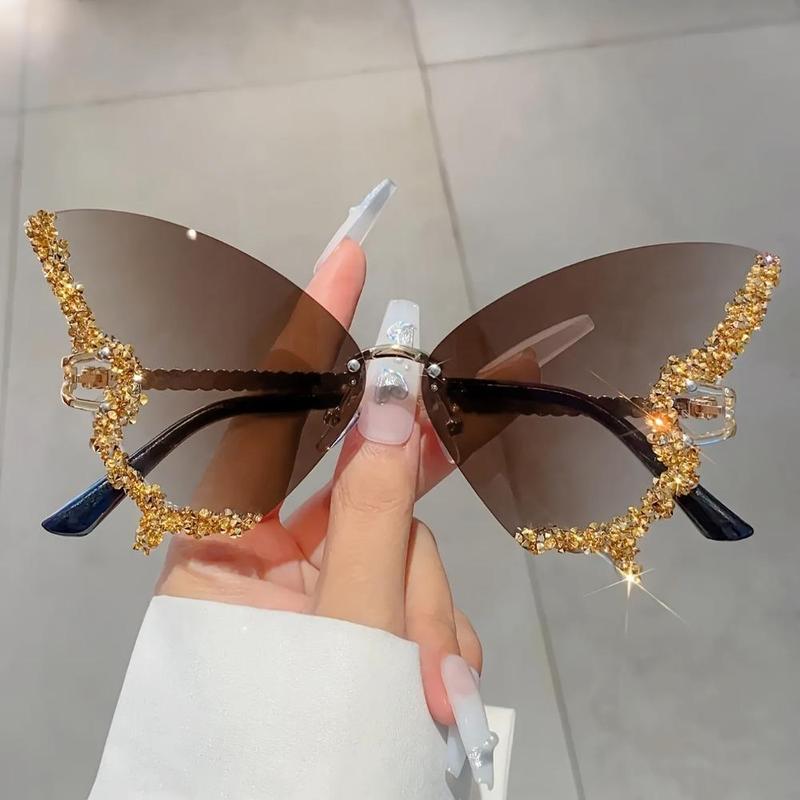 1 Count Rhinestone Decorated Butterfly Design Sunglasses, Durable Material Fashionable Rimless Sunglasses for Women, Elegant All-match Fashion Accessories for Daily Wear, Stylish Glasses, Trendy Styling Sunglasses