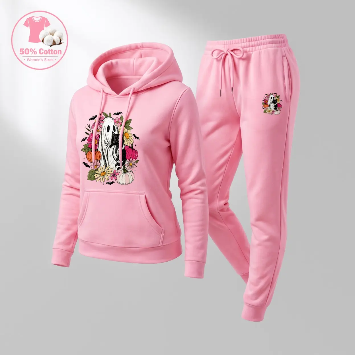 Women’s Halloween Cute Ghost, Pumpkin, Black Cat Graphic Hoodie And Sweatpants Set, Casual Pullover Hoodie With Matching Jogger Pants, Soft Two Piece Tracksuit Outfit For Women, Relaxed Fit Lounge Wear, Streetwear, Travel And Daily Fashion
