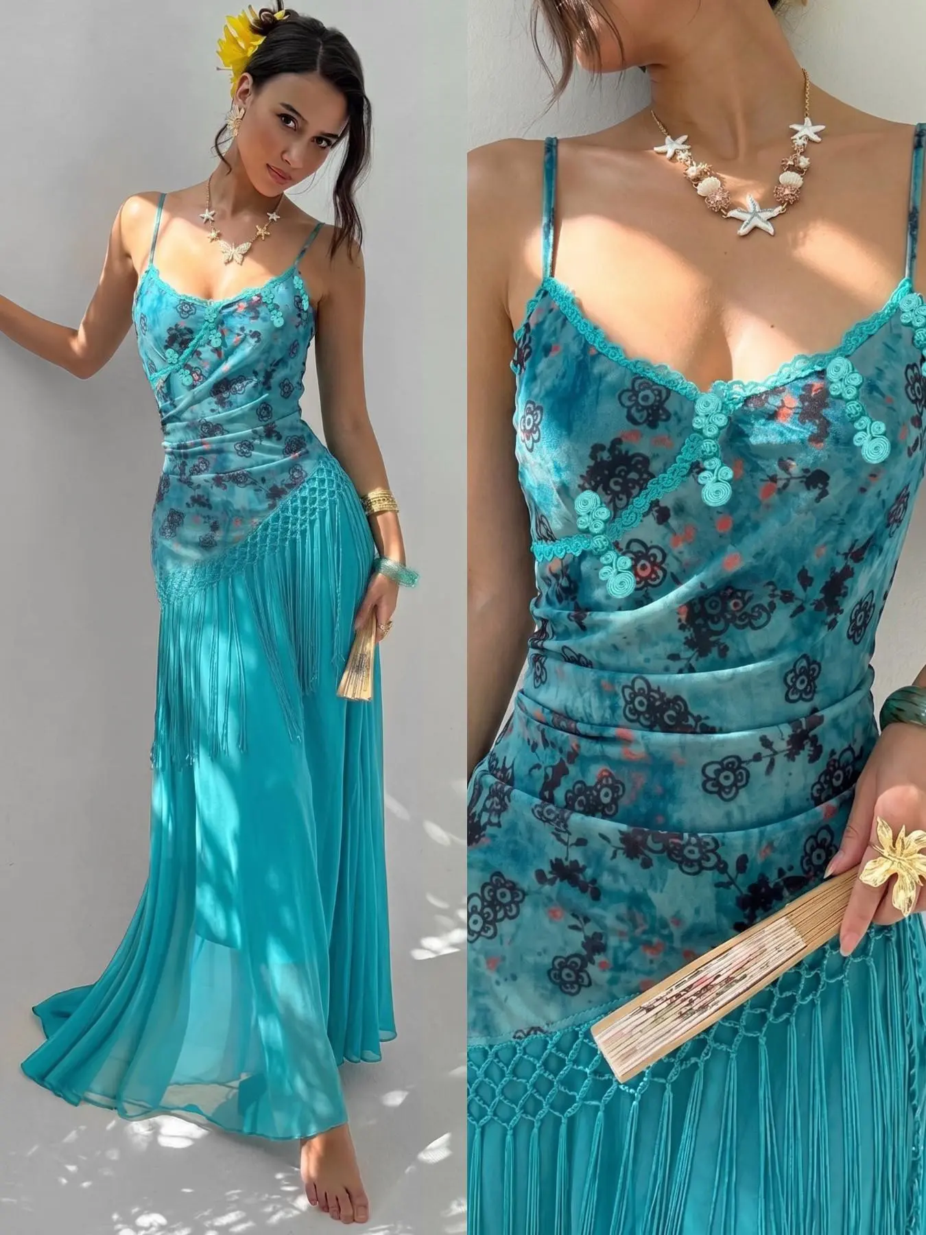 Women's Lake Blue Halter Long Dress, Lace Trim Fringe Button Front, Slim Fit, Casual Summer Vacation Style, Beach Party, Boho Chic Travel Date Wear, Bohemian