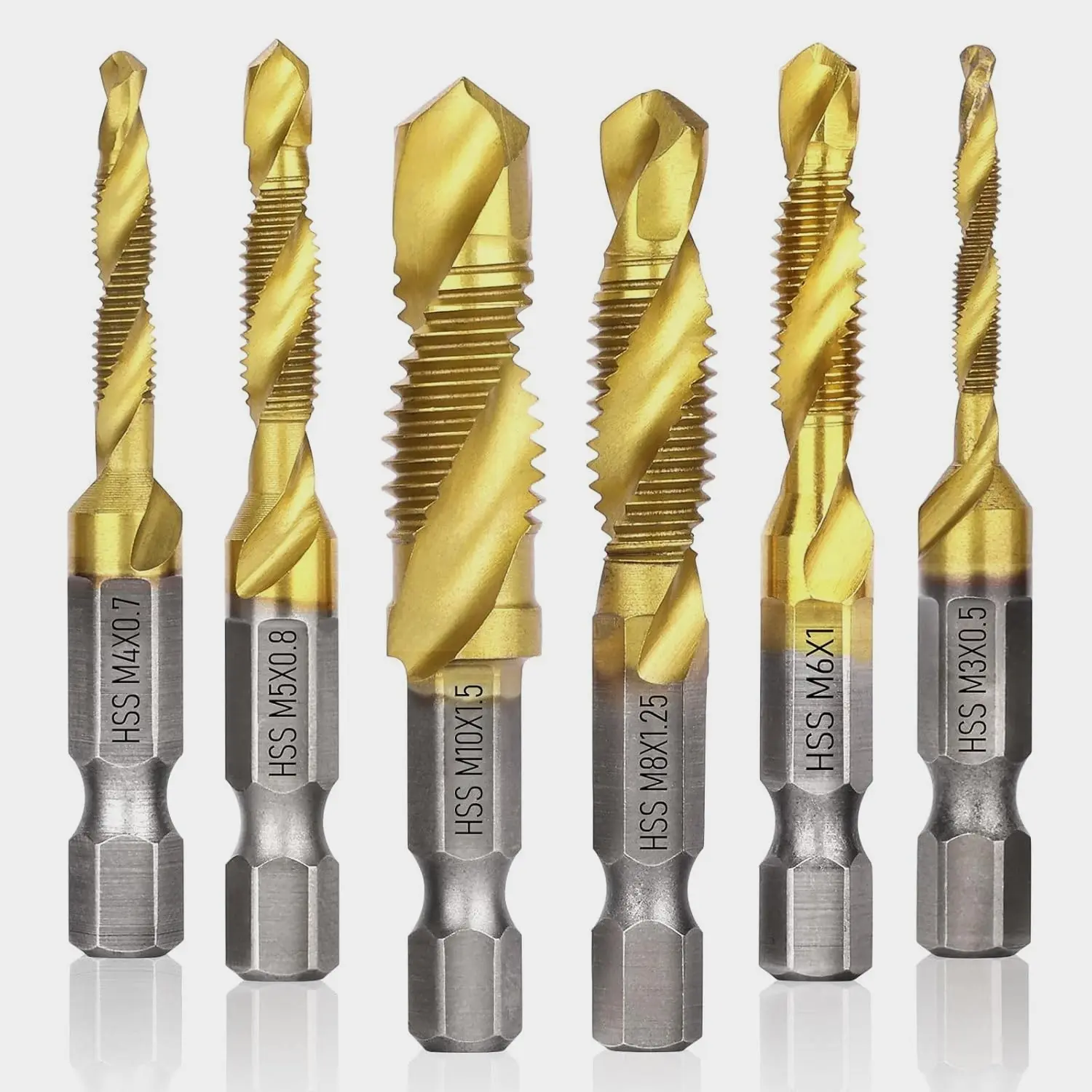 6-Piece Titanium Coated Tap Drill Set, M10 Hex Shank Hss Thread, Metric Composite Taps for M3-M8, Metal Processing Drilling Tools, Drill Bit Kit