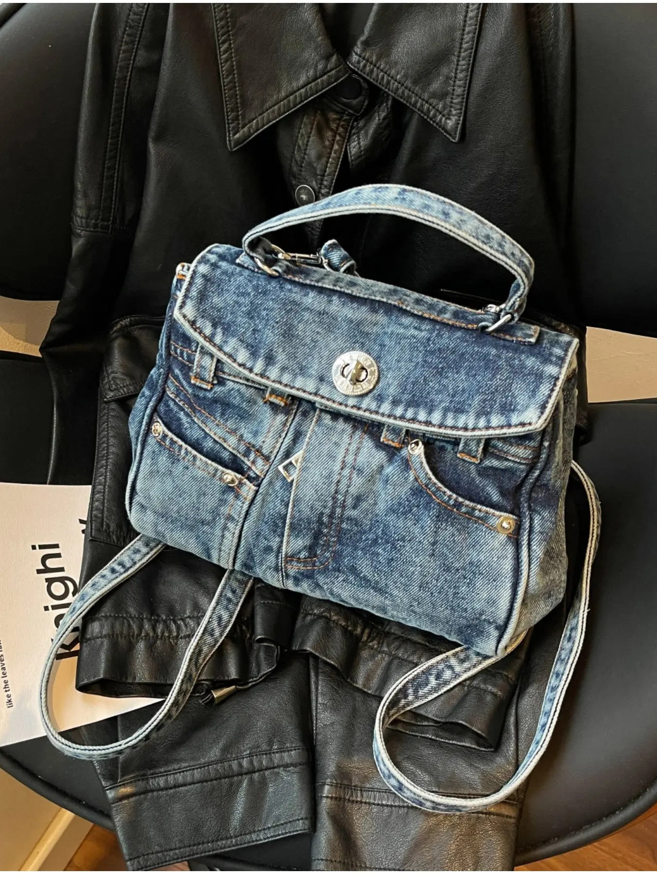 Vintage Denim Backpack for Women, Retro Structured Design, Washed Denim Material, Casual Style, All Seasons Use, Unique Flip Cover Bag, Stylish Casual Daypack