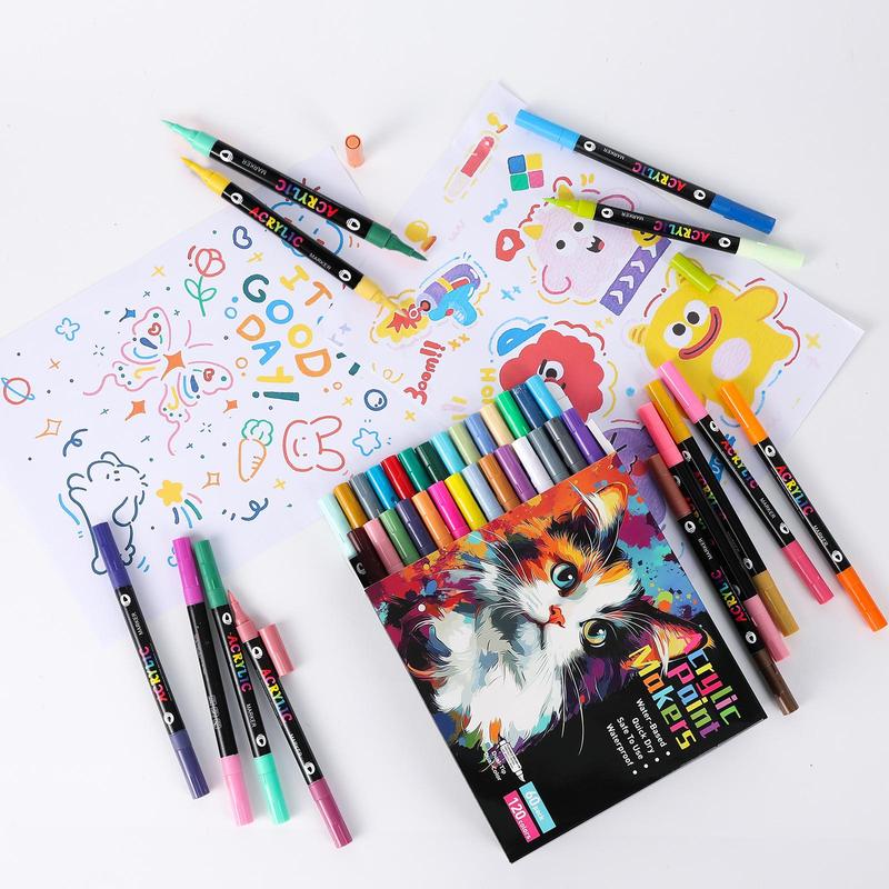 120 Color Acrylic Paint Markers Set, 60 Dual Tip Pens for Wood Canvas Stone Glass Ceramic Surfaces, DIY Crafts Art Supplies