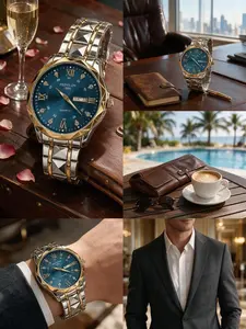Unisex Elegant Exquisite Business Watch, Deep Blue Dial, Crystal Roman Numerals, Strap, Analog Quartz Movement, Hardlex Glass, All Seasons