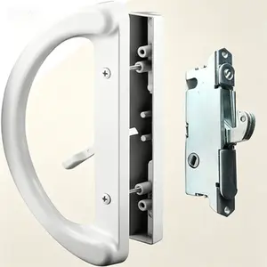 Sliding Glass Door Handle Set + Mortise Lock 45° - Perfect Replacement for 3-15/16" Screw Hole Spacing, Non-Keyed Latch Locks, White Diecast, Reversible Non-Handed Design