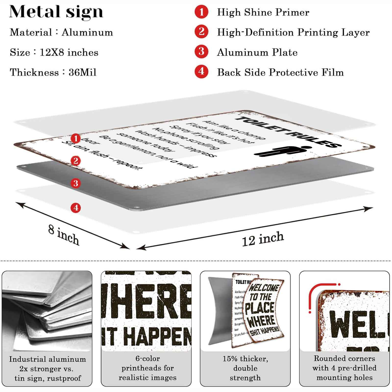 8x12 Inch Aluminum Metal Sign - "TOILET RULES Aim Like A Champ Flush It Like It’s Hot" |   Funny Man Cave & Bathroom Decor, Ideal for Home, Bar, Restaurant, Gas Station, and Public Restrooms |   Hilarious Tin Wall Art, Great Gift for Dads & Friends