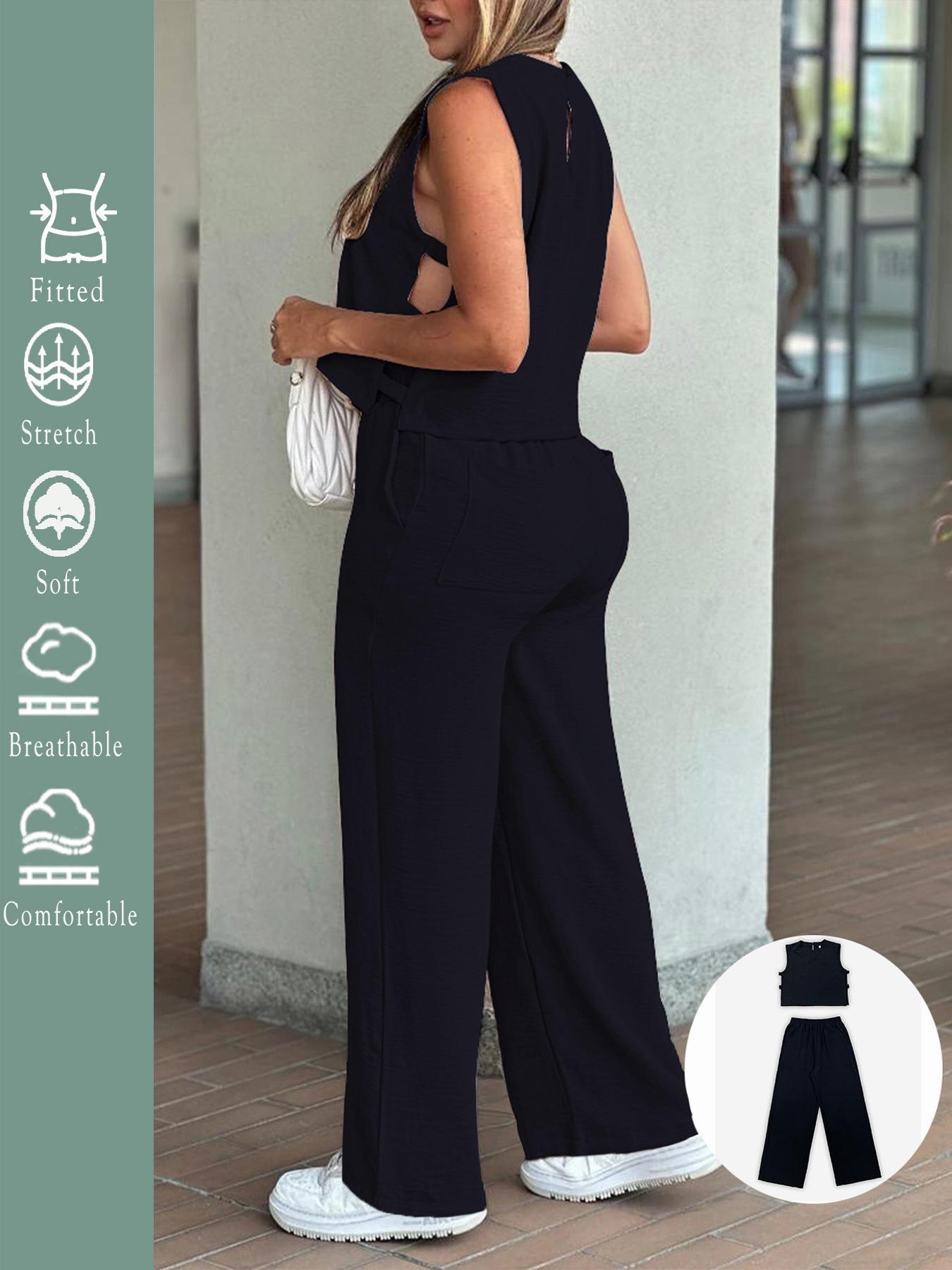 2025 Women's 2PCS Set - Sleeveless Side Cutout Crop Top & Wide-Leg Pants | Loose Fit, Elastic Waist w/Pockets | OOTD for Spring/Summer/Autumn | Office, Commute & Daily | All Body Types | #Fashion2025 #WorkWardrobe #LoungeElegance