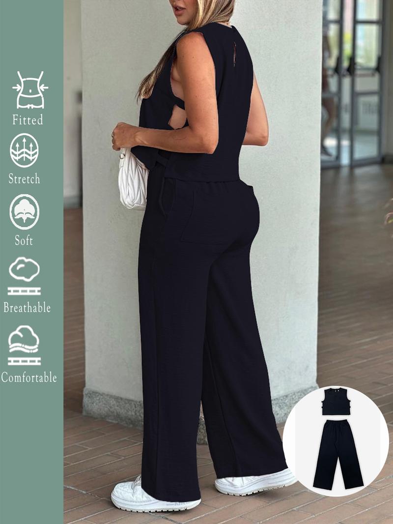 2025 Women's 2PCS Set - Sleeveless Side Cutout Top & Wide-Leg Pants | Loose Fit, Elastic Waist w/Pockets | OOTD for Spring/Summer/Autumn | Office, Commute & Daily | All Body Types | #Fashion2025 #WorkWardrobe #LoungeElegance