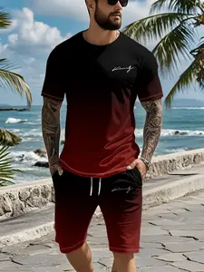 Two-piece set, Casual activewear set with 3D digital print featuring hand-drawn lines in black-green gradient, 2Pcs, trendy vacation-style wear, breathable sporty casual style