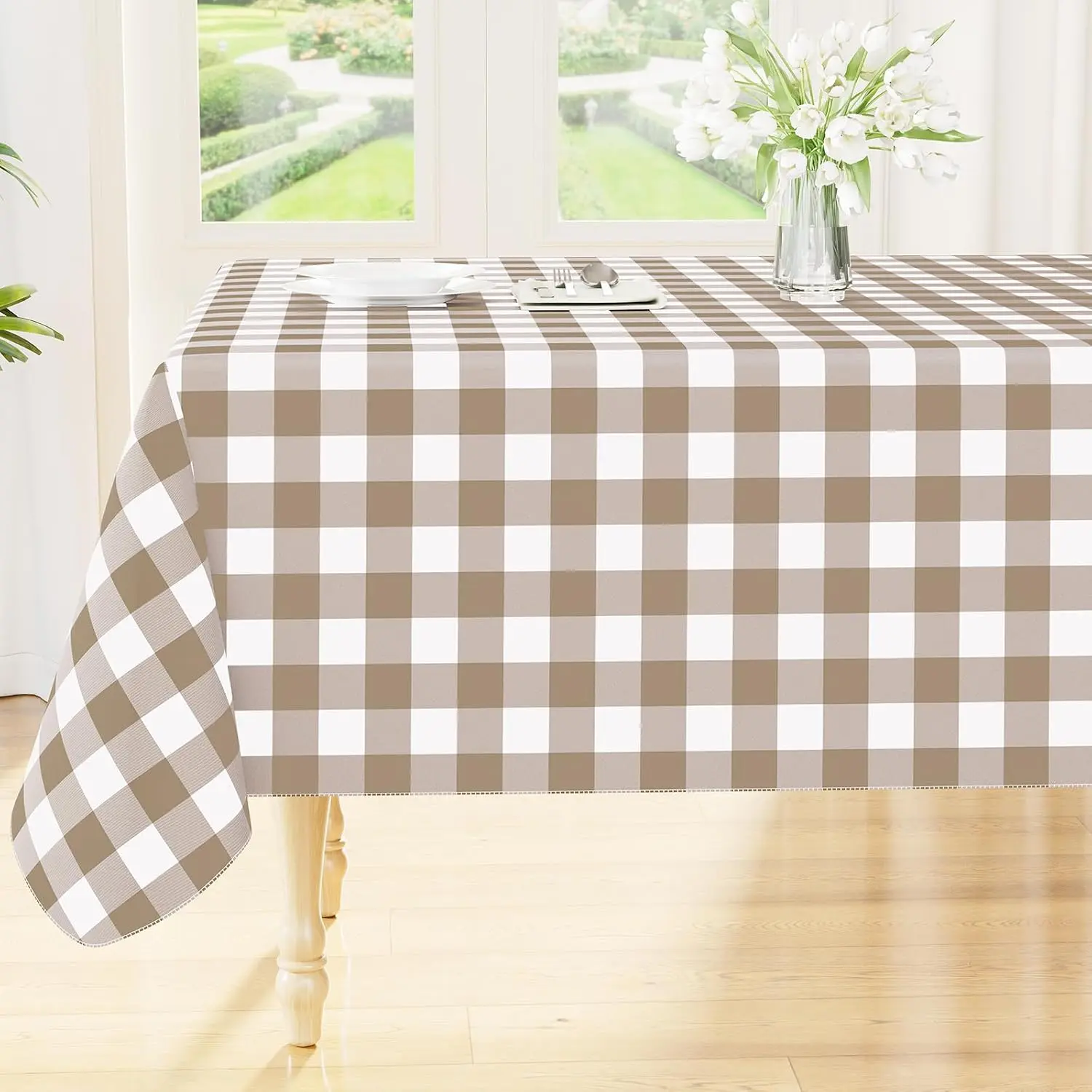 Khaki & White 60"x84" Anti-Slip Vinyl Rectangle Tablecloth - Waterproof, Wipe Clean, Flannel-Backed for Pet-Friendly Indoor & Outdoor Use