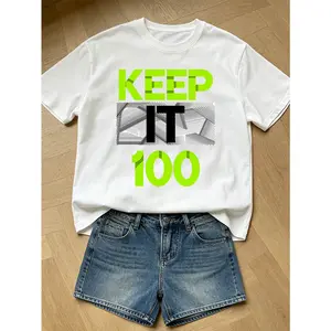 Women Soft Cotton Short Sleeve T Shirt Trendy Keep It 100 Letter Print Casual Summer Top Comfortable Daily Wear Street Style Fashion Tee For Outing School Weekend Hangout All Match Basic Female Apparel