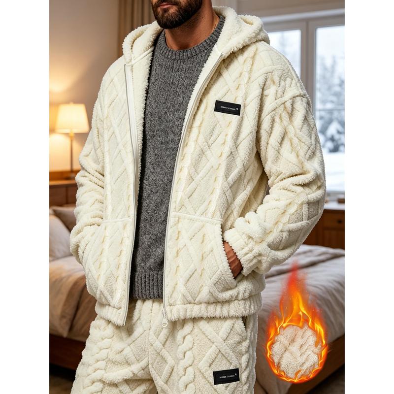 Men's Autumn-Winter Jacquard Plush Zipper Hooded Cardigan Coat - Long Sleeves, Soft Comfortable Fabric, Casual Wear, Sports Outerwear, Slogan Print Jacket