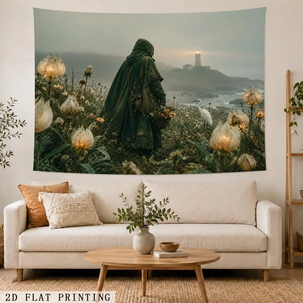 2D Flat Tapestry, Hooded Traveler Lighthouse and White Heron Coastal Garden Wall Hanging for Bedroom and Living Room Decor,