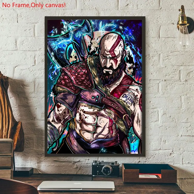1 piece/set frameless canvas painting print poster,Classic passionate anime art，Kratos God of War，a perfect gift for anime lovers，ideal gift for bedroom, living room, dorm hallway, kitchen, mural, wall decoration, room decor