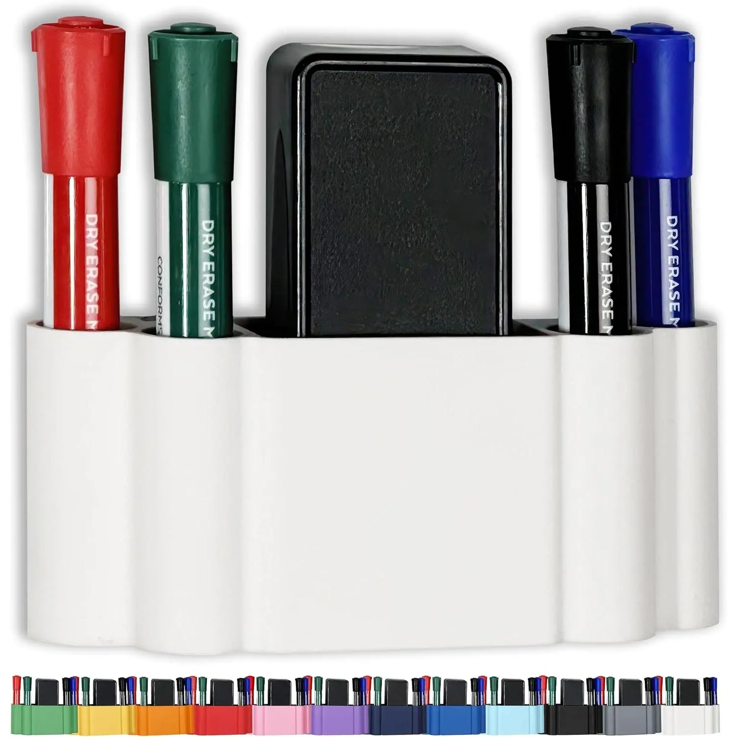 Dry Erase Marker Holder - Super  for  Glass Whiteboard or Fridge - 2 Large Neodymium  - No Slip Grip -  PLA Plastic (Snow White)