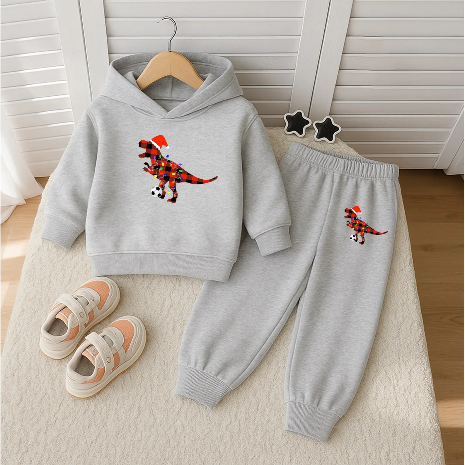 Unisex Children and kids' Christmas Dinosaur Print Hoodie Tracksuit Set, Fleece-Lined Sweatshirt & Joggers, Fall & Winter Casual Outfit for Indoor & Outdoor Wear