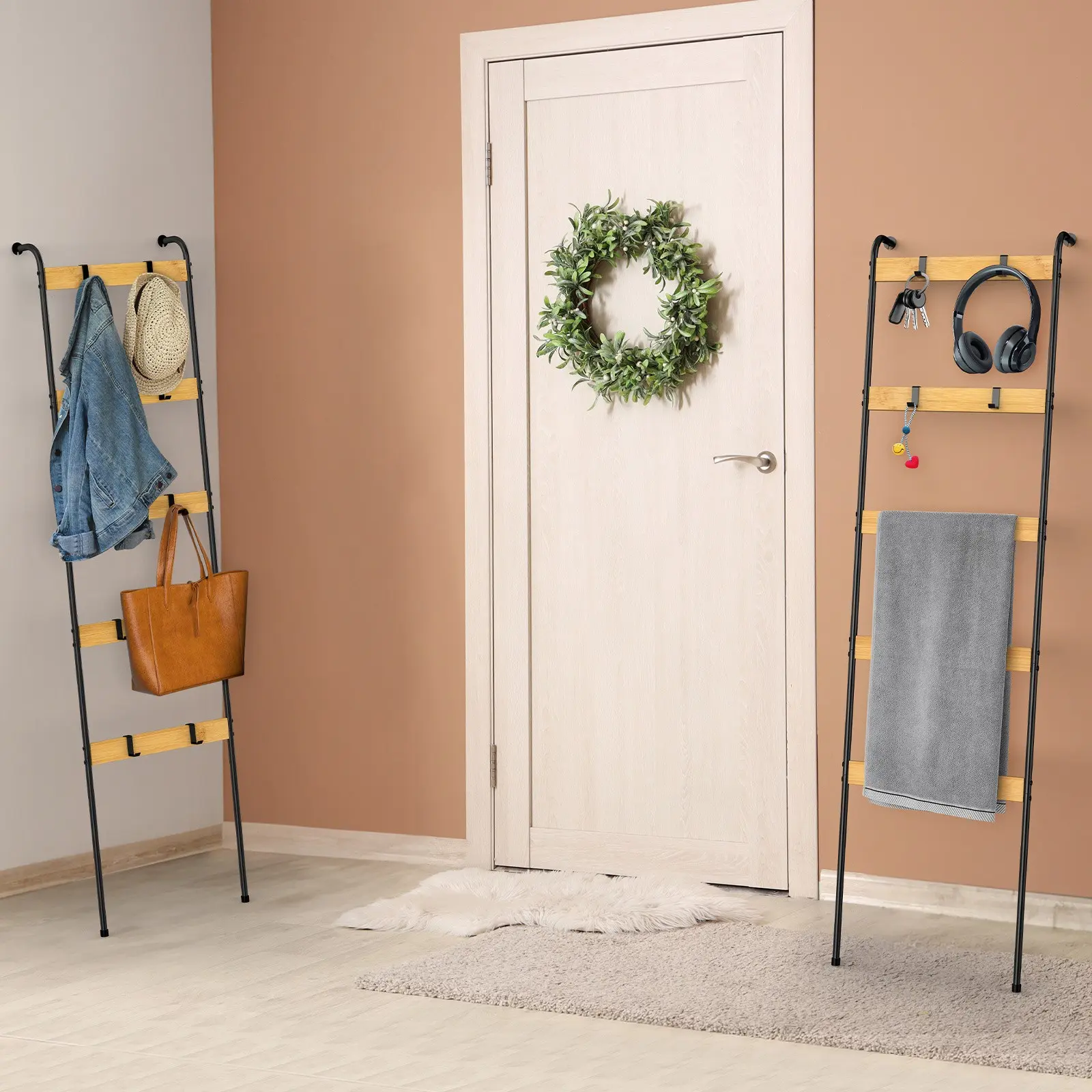 2 Pack Blanket Ladder, Towel Rack, 5-Tier Quilt Holder with 10 Removable Hooks, Farmhouse Wall Leaning Decorative Rack Shelf, Towel Display Rack, Removable Hooks, Quilt Ladder for Living Room, Bedroom, Rustic Black, Mounted Closet Systems