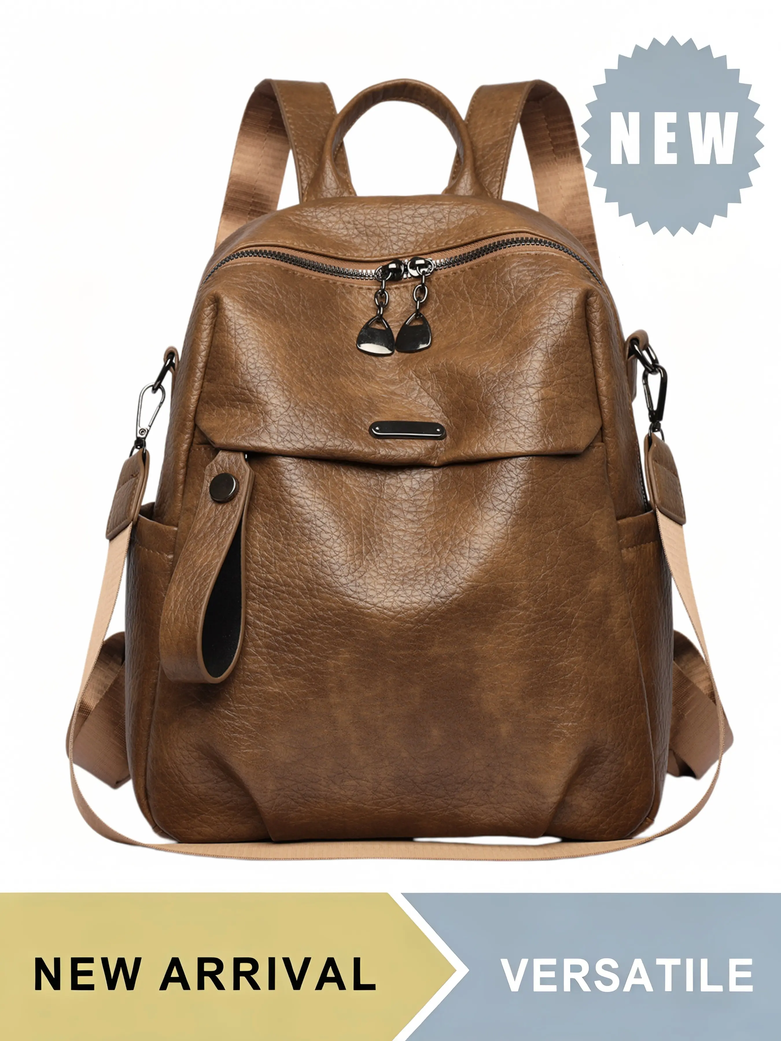 Vintage Litchi Grain Faux Leather Backpack Purse for Women, Convertible Crossbody Daypack with Side Pockets, Large Capacity Casual Bag with Detachable Strap, Multiple Colors Available, Ideal for Daily School Travel Hiking Picnic Outdoor Activities