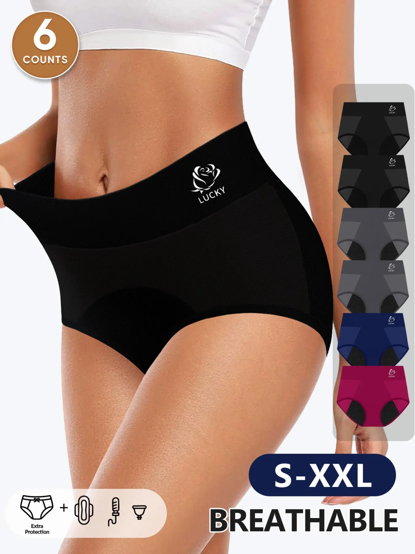 6-Pack Leak-Proof Period Underwear, Multi-Color High Elasticity Triangle Briefs, S-Xxl, Breathable Anti-Side Leakage Women's Bottoms