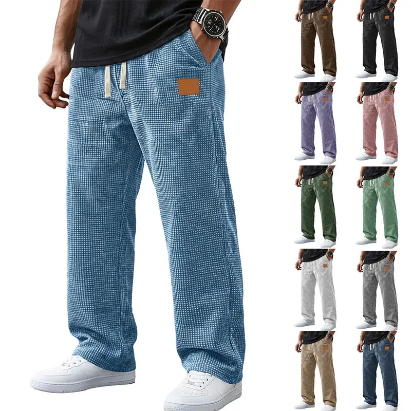 2026 New Men's Autumn/Winter Waffle-Knit Casual Trousers – American-Style Trendy Loose-Fit Straight-Leg Pants with Leather Patch Detail Suitable for street style or everyday wear
