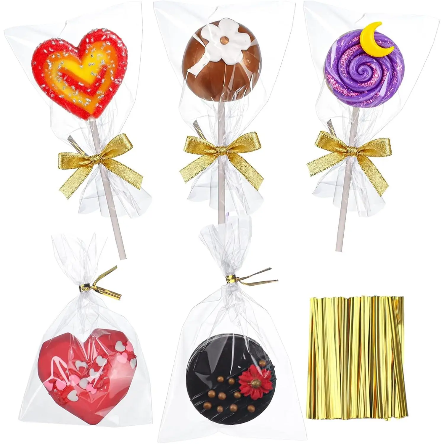 100 count Cellophane  Bags 3x5 Inch with 100 Twist Ties - OPP Plastic Cake Pop Bags for , Candy, , Cookie Wrapping & Buffet