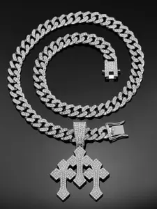 Full Diamond Triple Cross Cuban Necklace, European and American Style, Three Arrow Cross Pendant, Alloy Rhinestone Chain, Hip Hop Jewelry