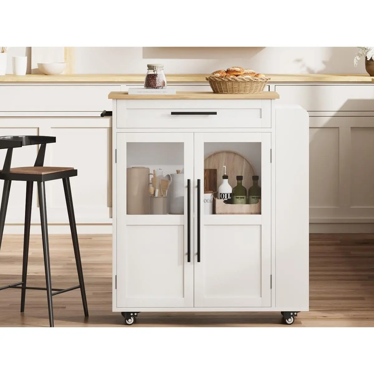 Compact Storage & Mobility Kitchen Island Cart - Farmhouse Mobile Storage Cart with 2 Glass Door Cabinets, Drawer, Spice Rack, Towel Bar, Lockable Wheels for Small Kitchens