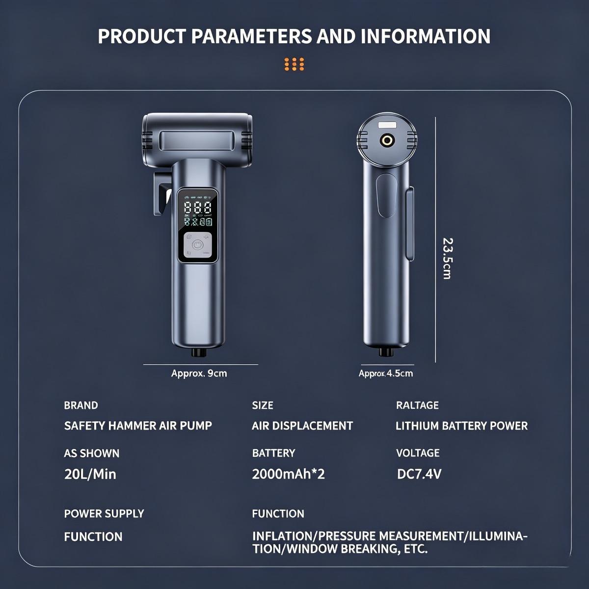 Portable Cordless Tire Inflator with Emergency Tools - 12V Wireless Car Air Pump, Digital Pressure Gauge, Power Bank, Safety Hammer & Seatbelt Cutter, Rechargeable Tire Pump for Cars, Bikes, SUVs Reusable