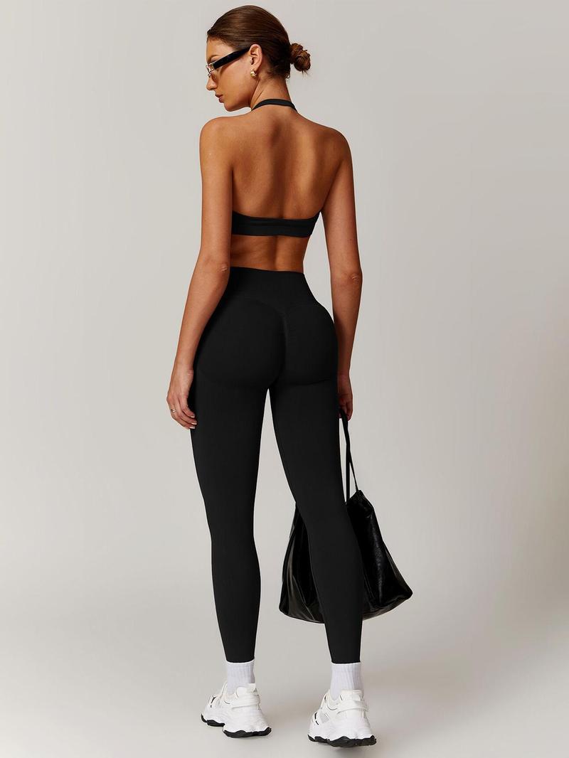 Women's Breathable High-Stretch Sporty Two-Piece Set, Workout Gym Clothing, Seamless Backless Sports Bra & Stretchy Leggings, Suitable for Running and Fitness