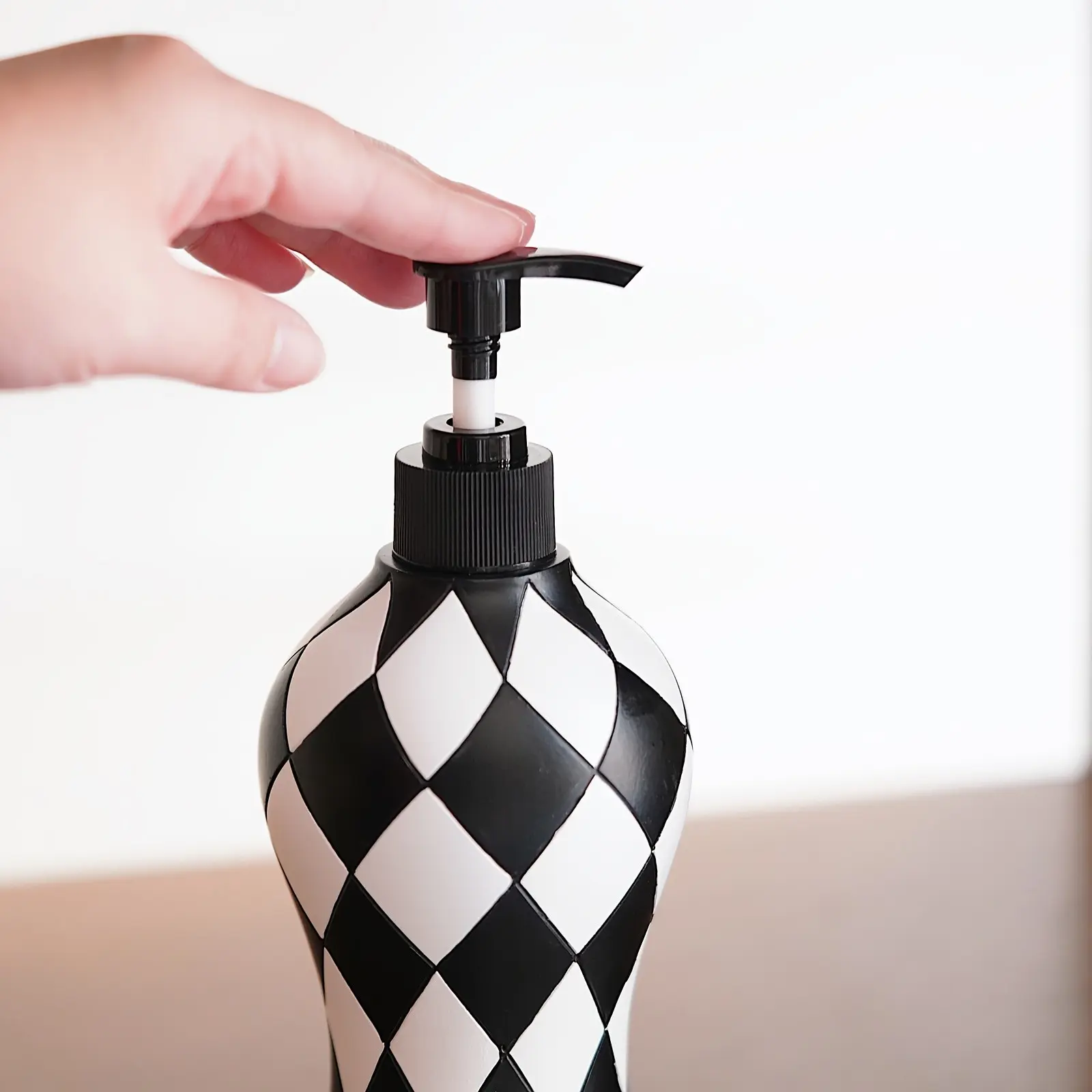 Refillable Black and White Checkerboard Soap Dispenser - Durable Resin Liquid Hand Lotion Bottle - Phthalate-Free & No Electricity Needed - For Bathroom, Bedroom, Kitchen Countertop Decor - Kitchen Accessory | Modern Decor | Sleek Design