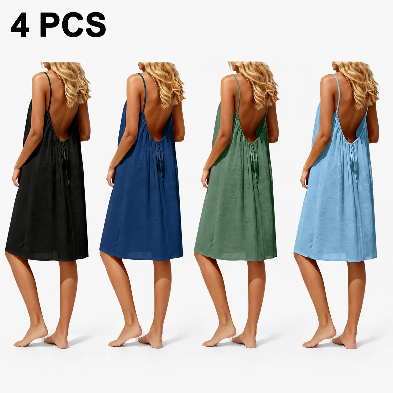 Set of 4 Women's Solid Color Cami Lounge Dress Elegant Sleeveless Short Flowy Dress Summer Ladies Sleepwear Indoor Wear Backless Spaghetti Strap Slip Sundress Casual Beach Vacation Cover Up Comfortable Resort Holiday Outfit Basic