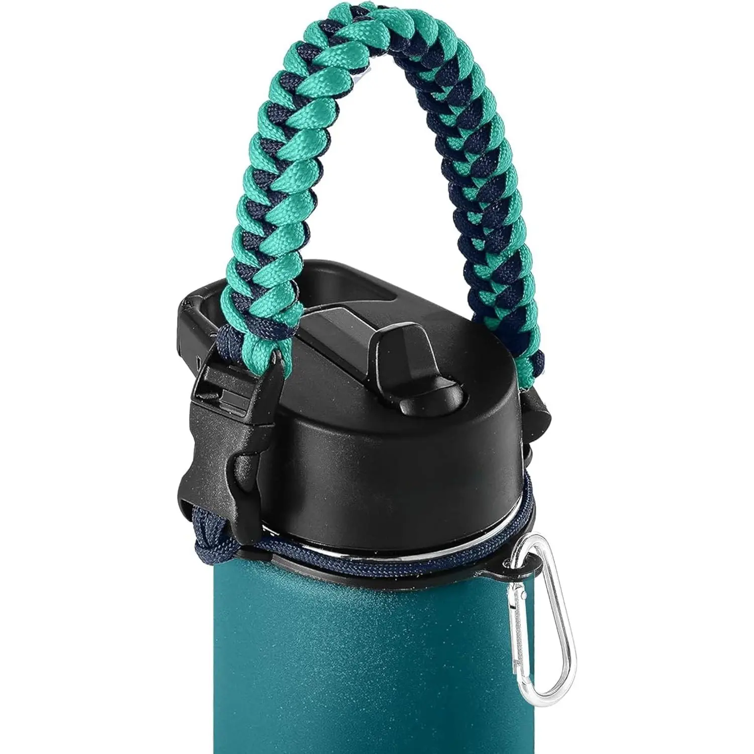 Paracord Handle - Fits Wide Mouth Water Bottles - Durable Carrier, Secure Accessories,  Strap Cord, Safety Ring, and Carabiner - Seven Core Paracord Bracelet