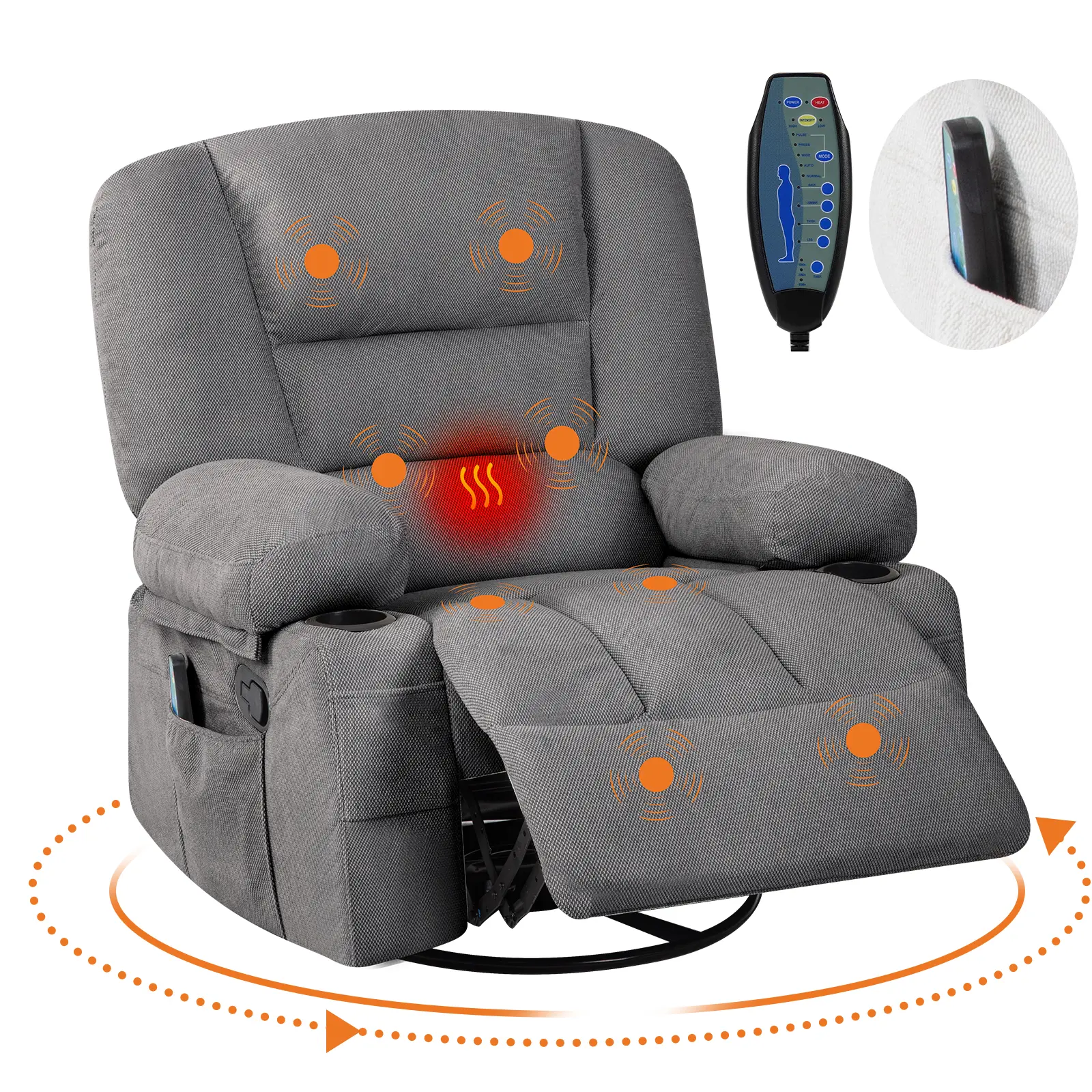 IdealHouse PU Leather Overstuffed Rocker Recliner Chair for Adults - 360° Swivel, Vibration Massage, Heating, Extra Wide Manual Lazy Sofa Chair with Storage for Living Room, Bedroom