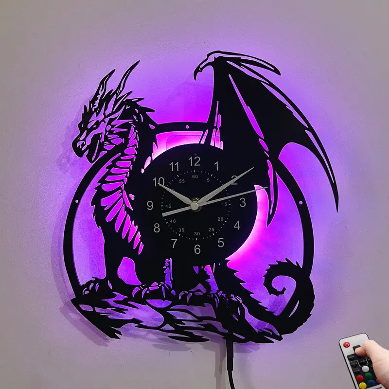 LED Vinyl Wall Clock Western Winged Dragon Silhouette Art Wall Watch Fantasy Medieval Themed Home Ornament Backlit LED Wall Decoration for Bedroom Game Room Unique Christmas Gift for Fantasy Dragon Lovers USB Powered Clocks