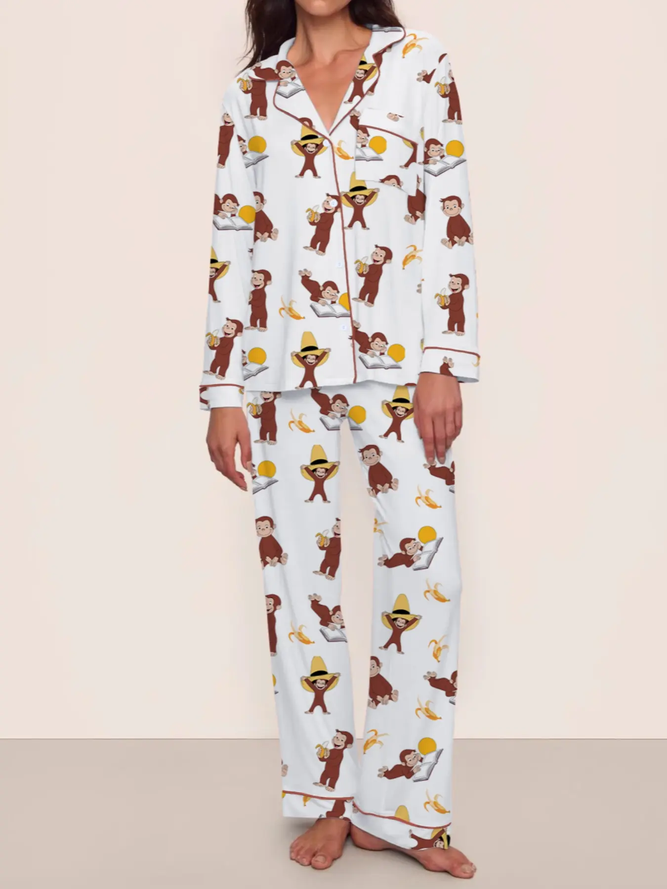 Cute Monkey Pajama Set for Women, Long Sleeve & Pants, Elastic Waist, Comfortable Christmas Gift, Fall Winter Home Wear