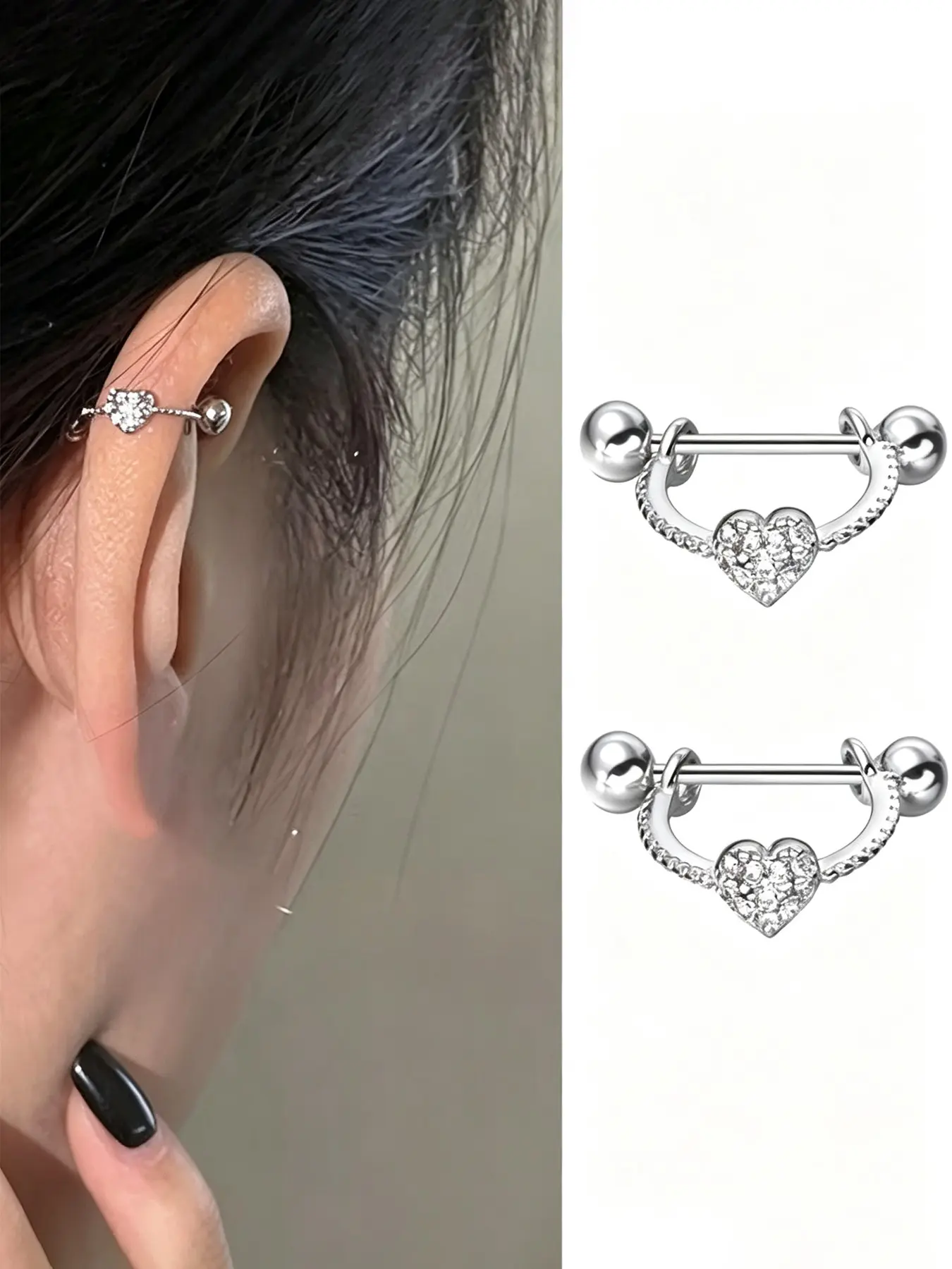 1 Pair Sweet Heart Zircon Cartilage Piercing Earring, Curved U Bar Screw Ball Ear Stud, Versatile Helix Ear Decoration, Cartilage Piercing Jewelry