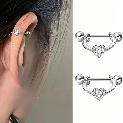 1-Pair Sweet Heart Zircon Cartilage Piercing Earring, U‑Shaped Dangle Screw-Ball Studs, Versatile Helix Ear Decoration, Cartilage Piercing Jewelry