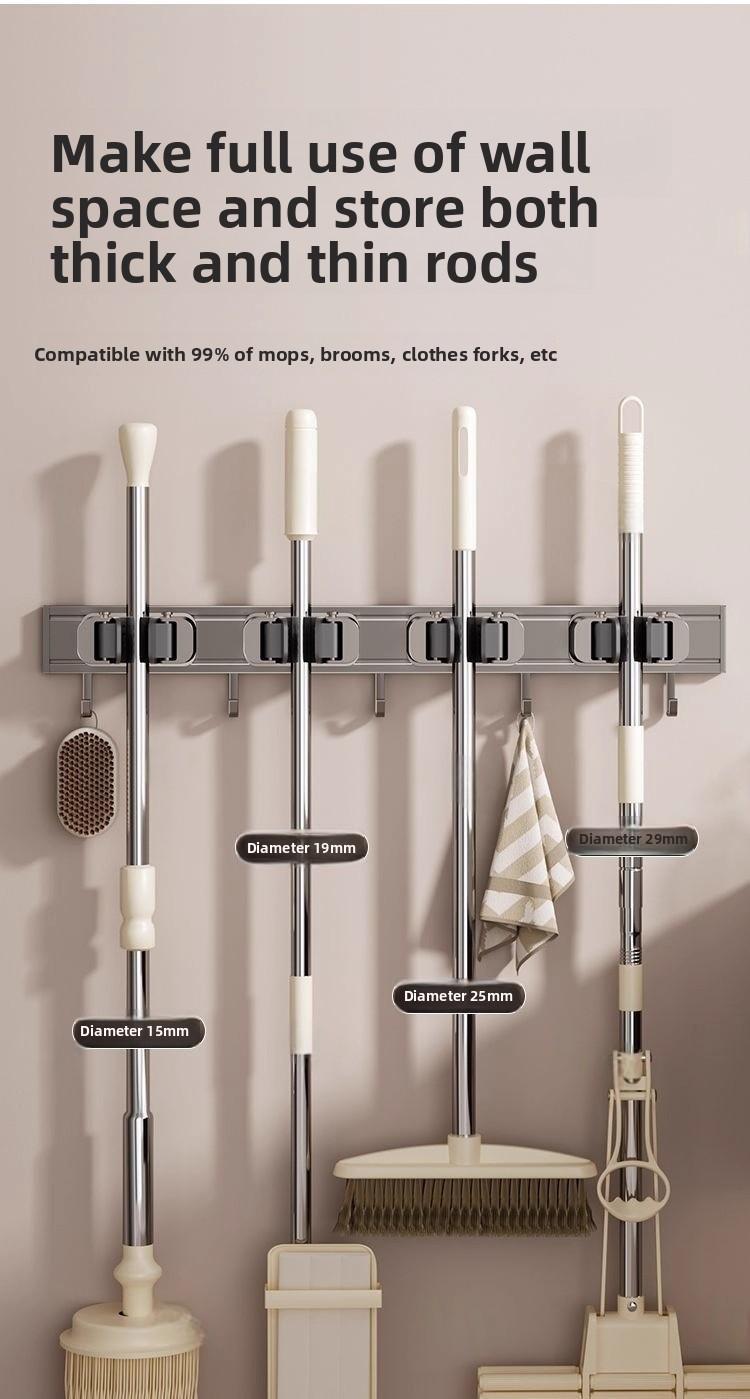 Space aluminum mop holder, no-drill multi-purpose mop hook, multifunctional wall-mounted bathroom broom storage rack
