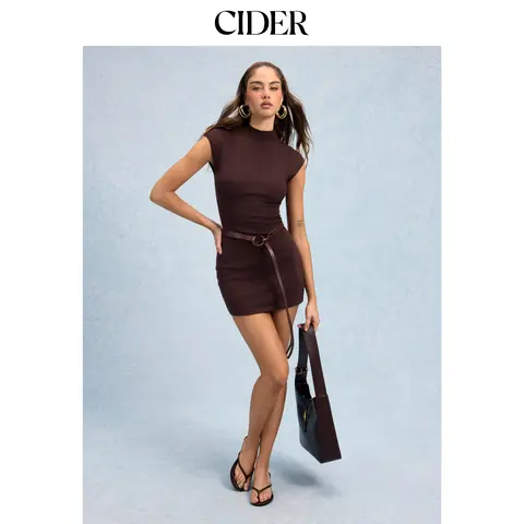 Cider Napoleonic Core Knit Stand Collar Straight Mini Dress With Belt Napoleon