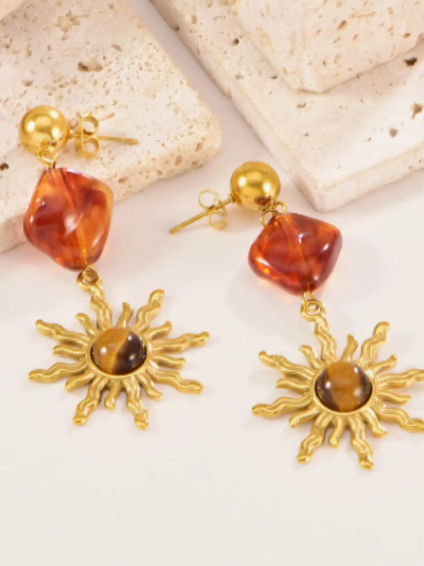 Elegant Resin Sunburst Earrings, Stainless Steel Color-Resistant Ear Jewelry, Long Drop Tiger Eye Bead Earrings for Women