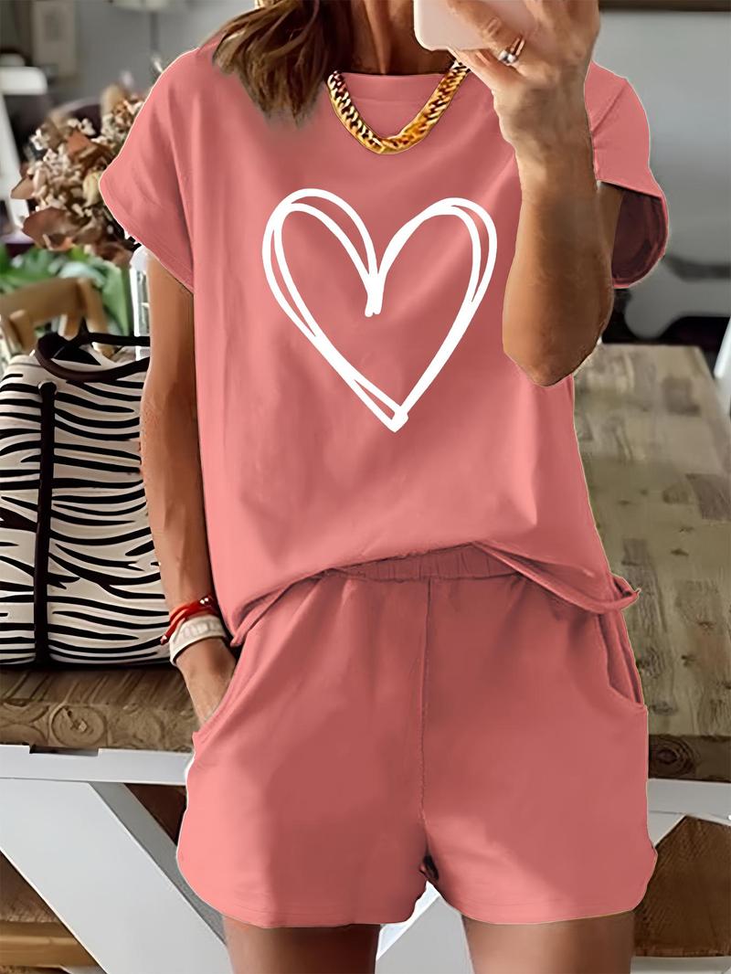 Two-Piece Set Women's Heart Print Tee & Shorts, Casual Shortsleeve Fitted T-shirt & Shorts for Daily Wear, Ladies Two-piece Matching Lounge Sets for Spring & Fall, Clothes